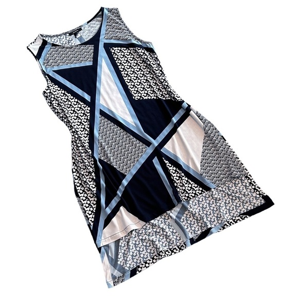 MACY’S ALFANI Tunic blouse High low Side slits Black White Blue Size Large - Picture 3 of 9